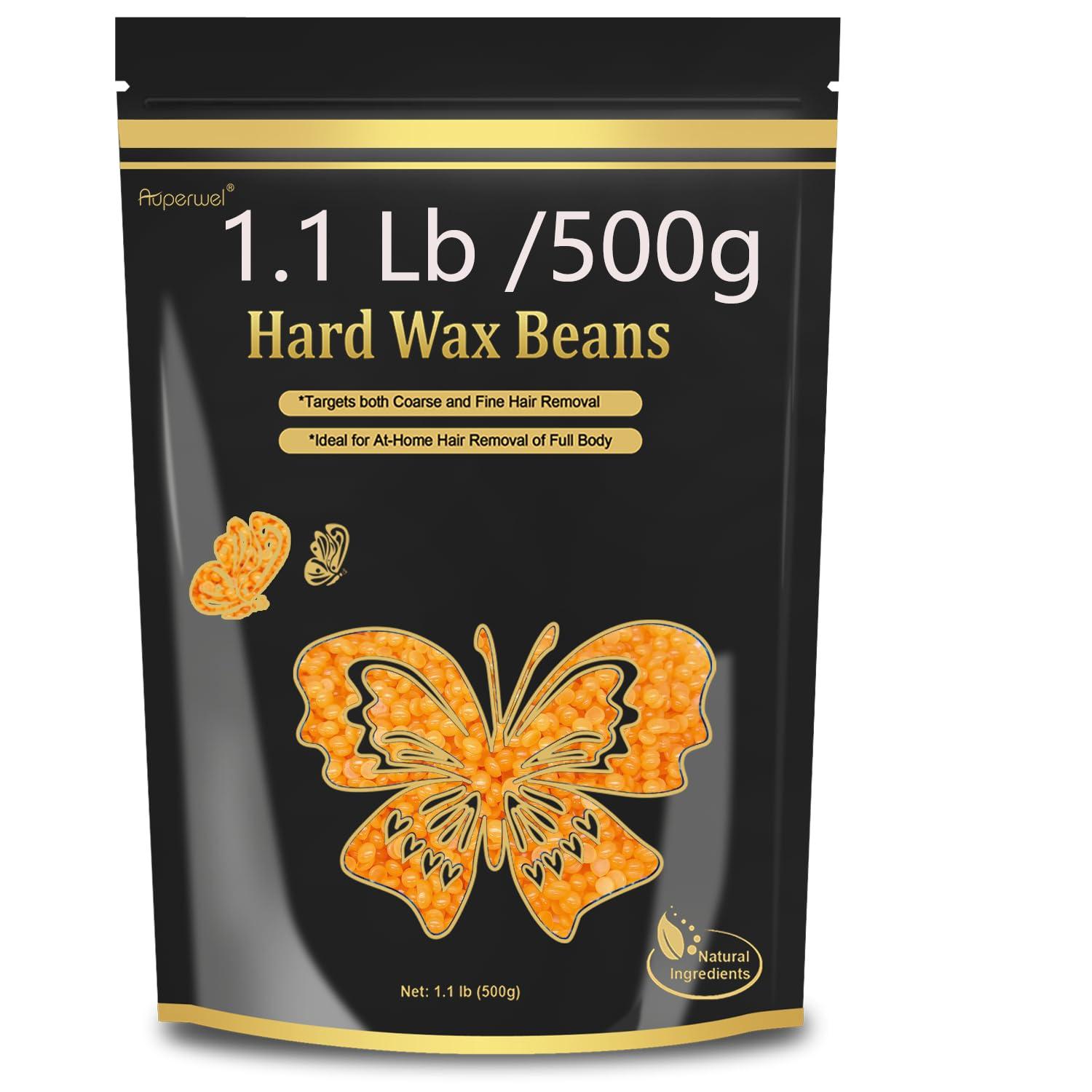 Auperwel Hard Wax Beads for Hair Removal - 1.1lb/17.05oz Waxing Beads for Coarse Hair, Sensitive Skin, Brazilian Bikini,Underarms,Face,Body - Wax Beans Bulk with 20 Wax Sticks Refill Pearl Beans(Orange)