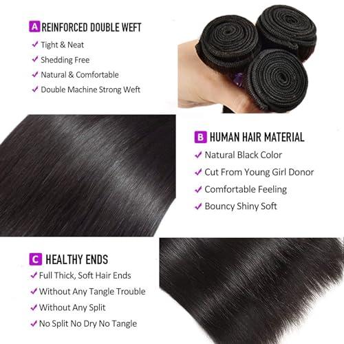 Sufeiya Hair Straight Human Hair Bundles With Closure For Black Women (24 26 28+20) Brazilian Human Hair Bundles With 4x4 Lace Closure Free Part 100% Unprocessed Weave 3 Bundles with Swiss Lace Closure