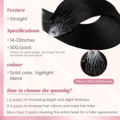 Eliysako Microlink Hair Extensions Human Hair 50g 20inch(#1) Natural Black Micro Link Hair Extensions Human Hair Microbead Hair Extensions Microloop Hair Extensions Human Hair For Women