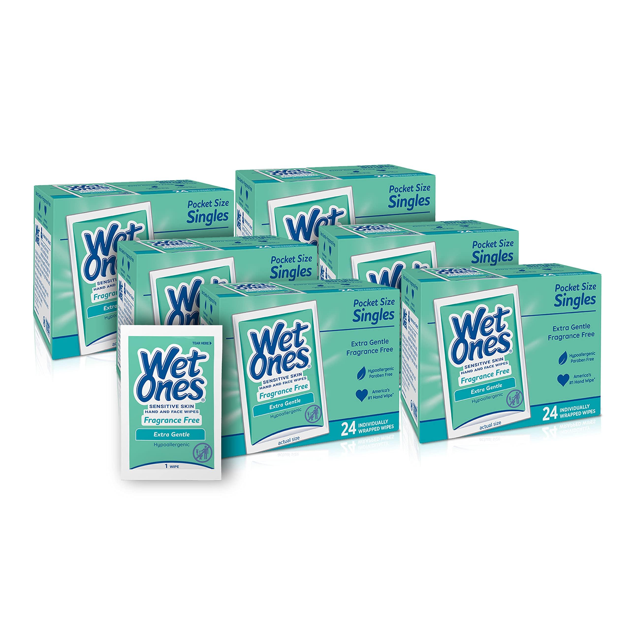 Wet Ones Wet Ones Unscented Face and Hand Wipes, Individually Wrapped - 24 Count (Pack of 6) & Hand Wipes for Sensitive Skin | Wipes Case for Hand and Face| 20 ct. Travel Size (10 pack)