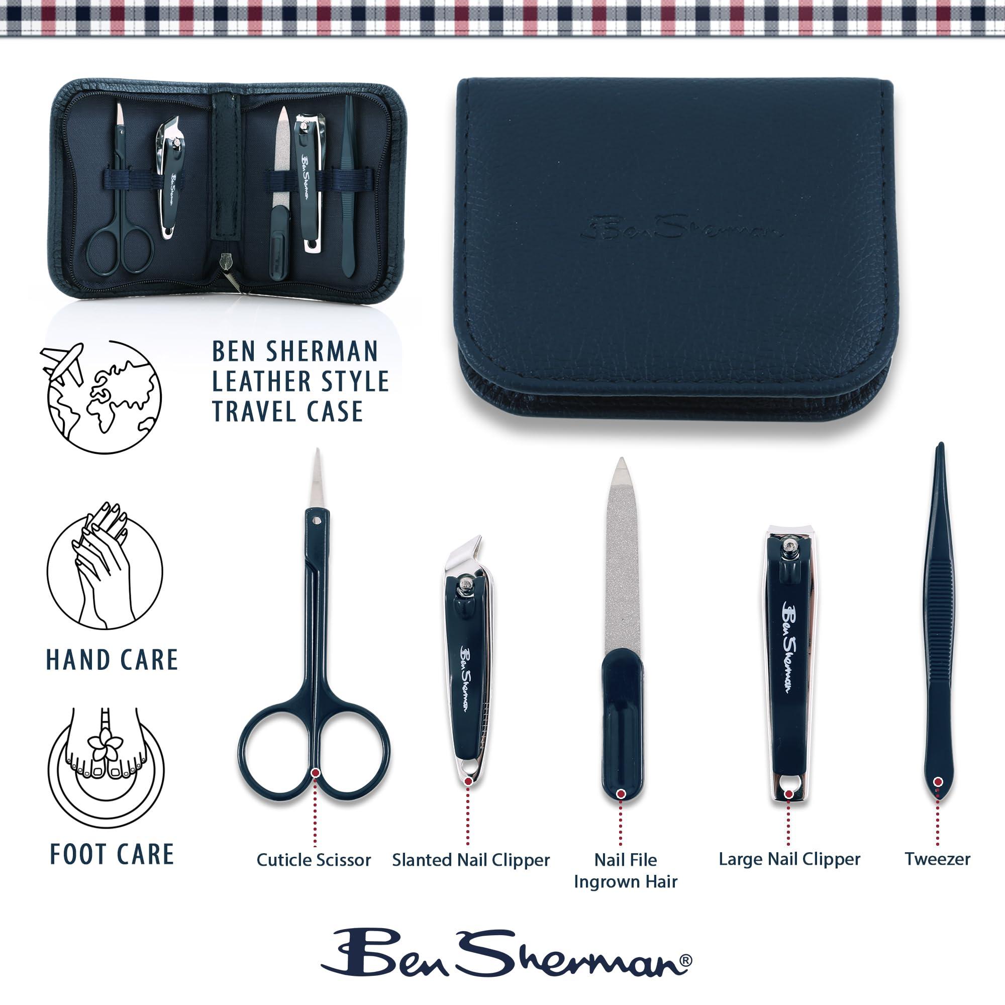 Ben Sherman Ben Sherman Nail Clippers for Men Travel Size Nail Clipper Set, 5 Pcs Mens Nail Grooming Kit Includes Nail Clippers, Scissors, Tweezers and Leather Traveling Case