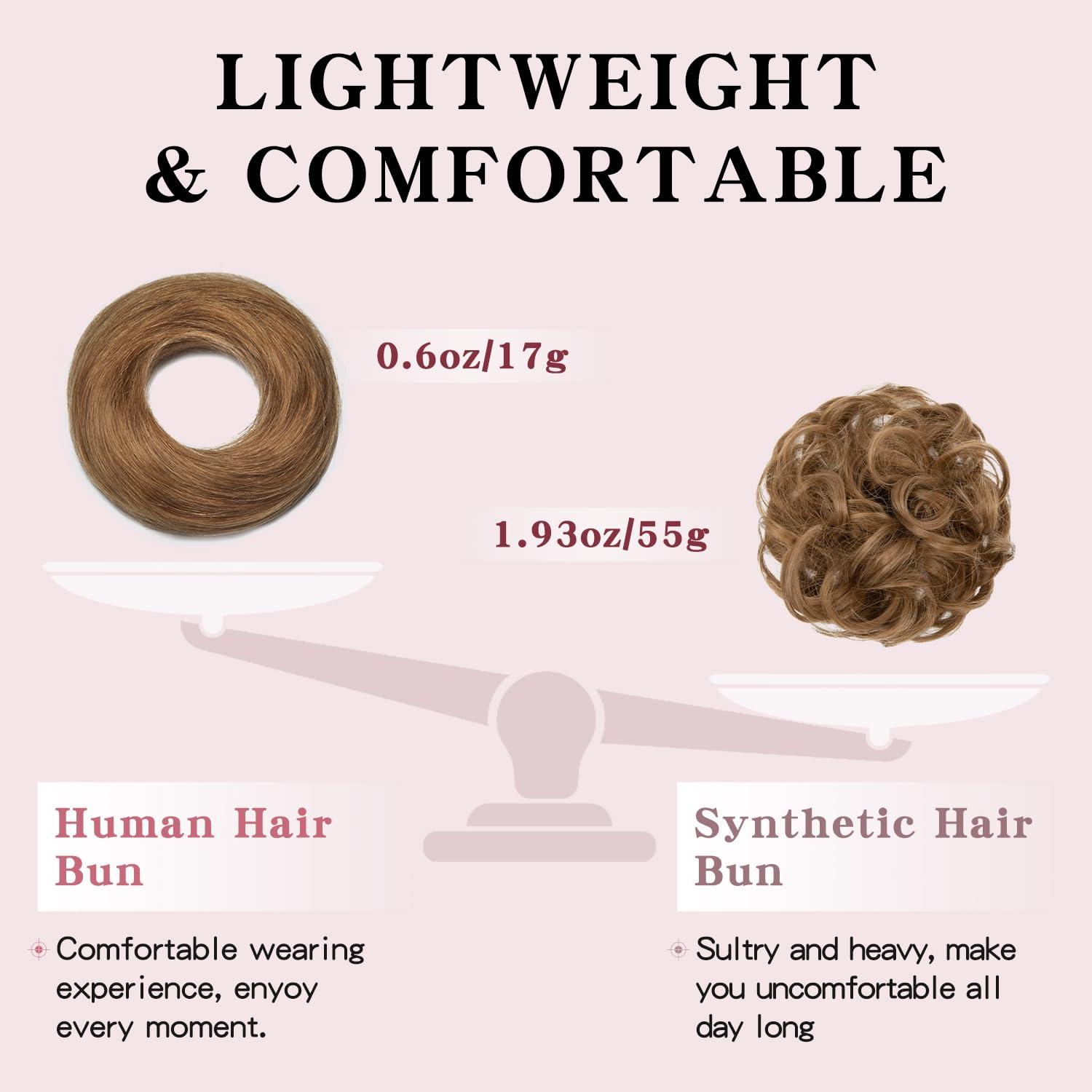 TESSHAIR TESSHAIR Human Hair Messy Bun Hair Piece Scrunchie Light Brown Hair Pieces for Updos Style Natural Wavy Hair Extension Scrunchie 100% Real Human Hair Updo Hair Pieces for Women Girls