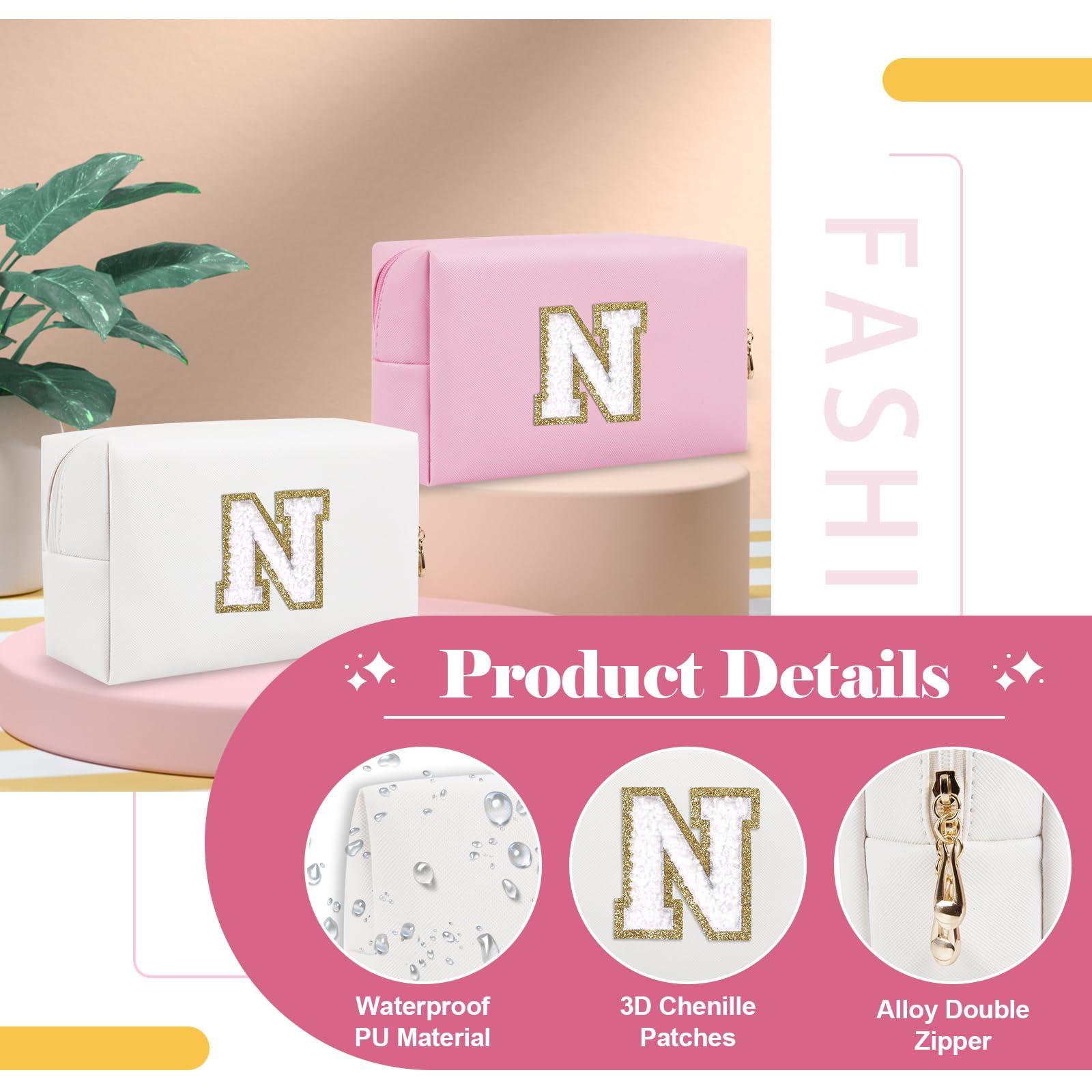 ChaoGreat Small Personalized Initial A-Z Preppy Patch Makeup Bag,White PU Chenille Letter Travel Cosmetic Pouch with Zipper,Cute Toiletry Bag,Gift Ideal for Teen Girls Women Teacher Bridesmaid,Letter N