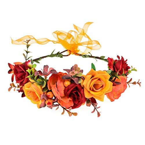 June Bloomy June Bloomy Women Rose Flower Crown Eucalyptus Leave Headband Baby Shower Floral Headpiece Greenery Garland Hair Wreath Photo Shoot (Orange Burgundy Yellow)
