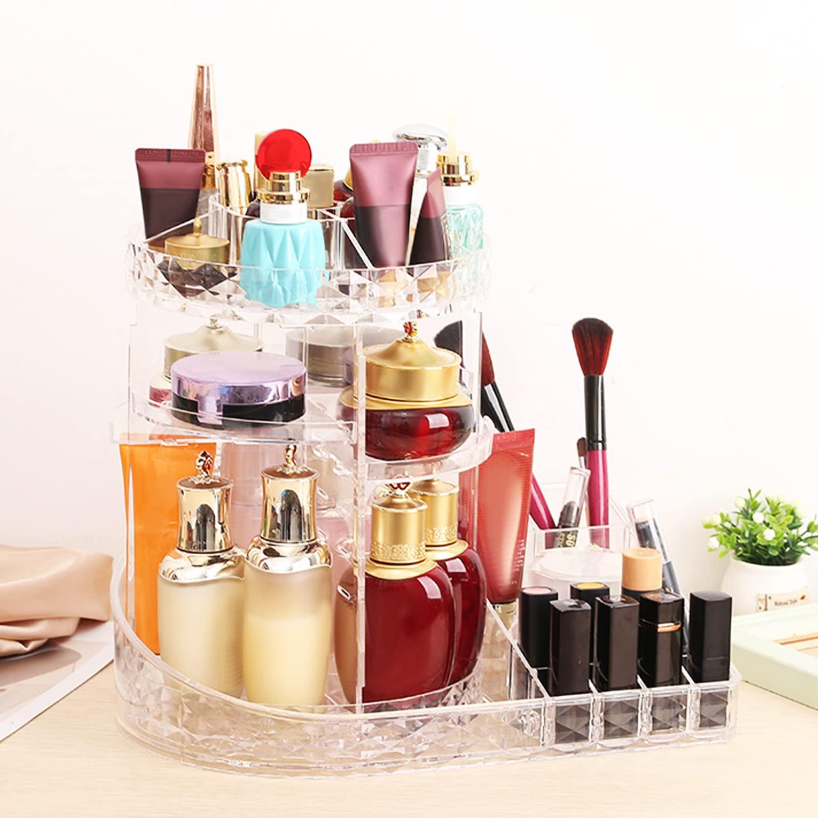 Fizocosisto Rotating Makeup Organizer 360 Degree Makeup Holder Large Capacity Adjustable Cosmetic Storage Stand Space Saving Makeup Display Box for Makeup Lipsticks Dresser Bedroom Bathroom US