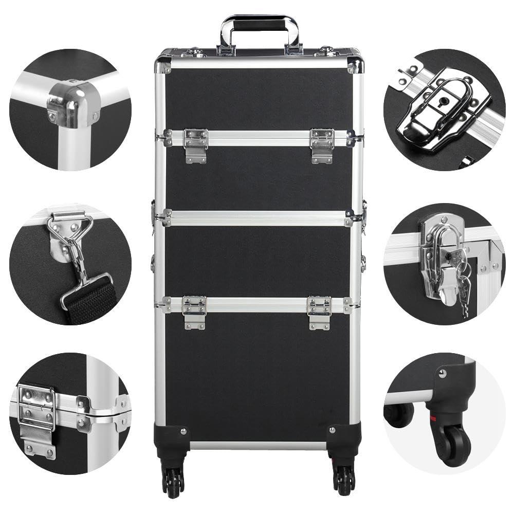 Yaheetech Yaheetech Rolling Makeup Train Case 3 in 1 Cosmetic Makeup Case Large Aluminum Trolley Makeup Travel Case Professional Rolling Cosmetic Beauty Storage, with 360 Swivel Wheels, Black