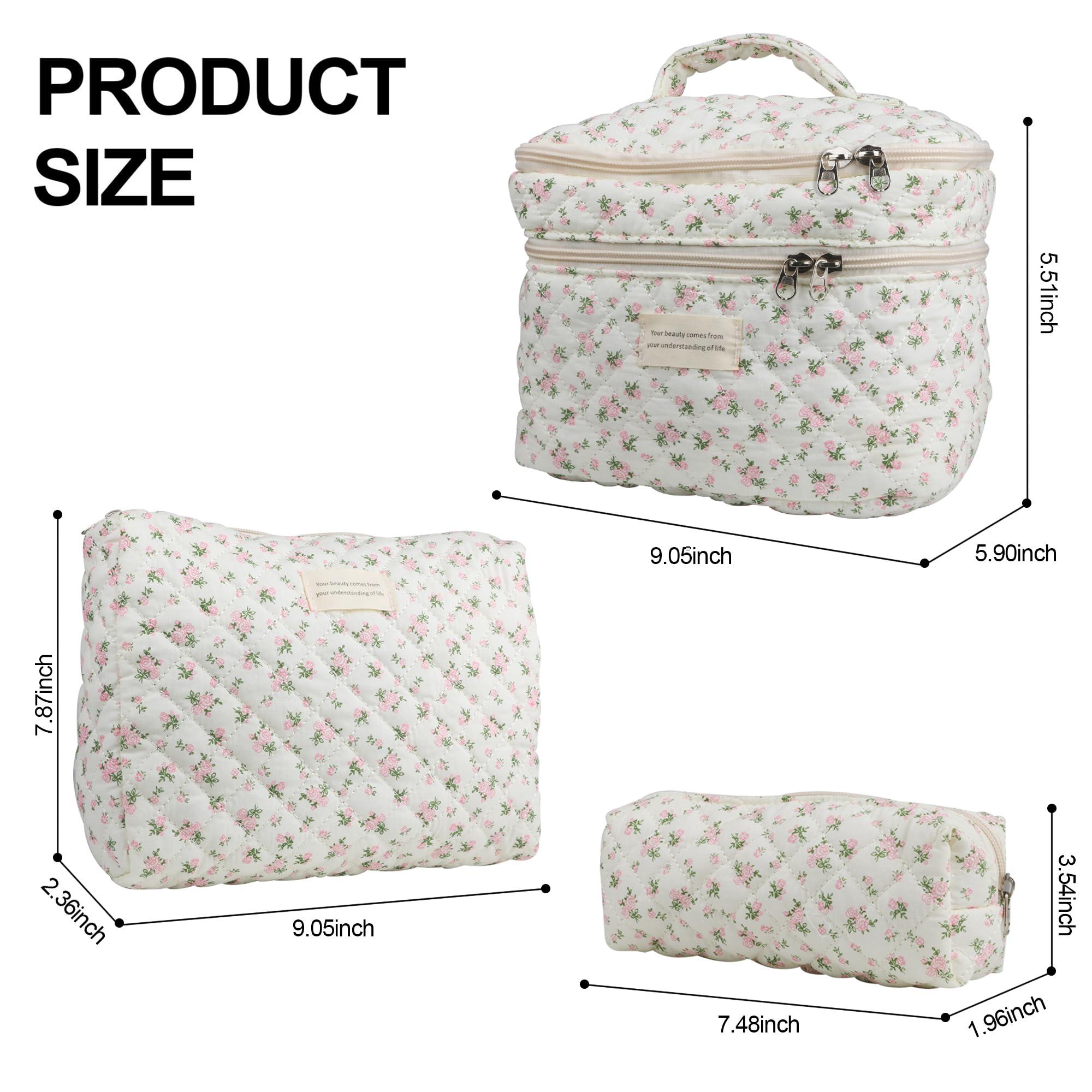 NOYINMIN NOYINMIN Dual Layer Cute Makeup Bag for Women(3 Pcs), Quilted Floral Coquette Aesthetic Make up Bags, Travel Cosmetic Bags Toiletry Organizer Bag(Pink Rose)