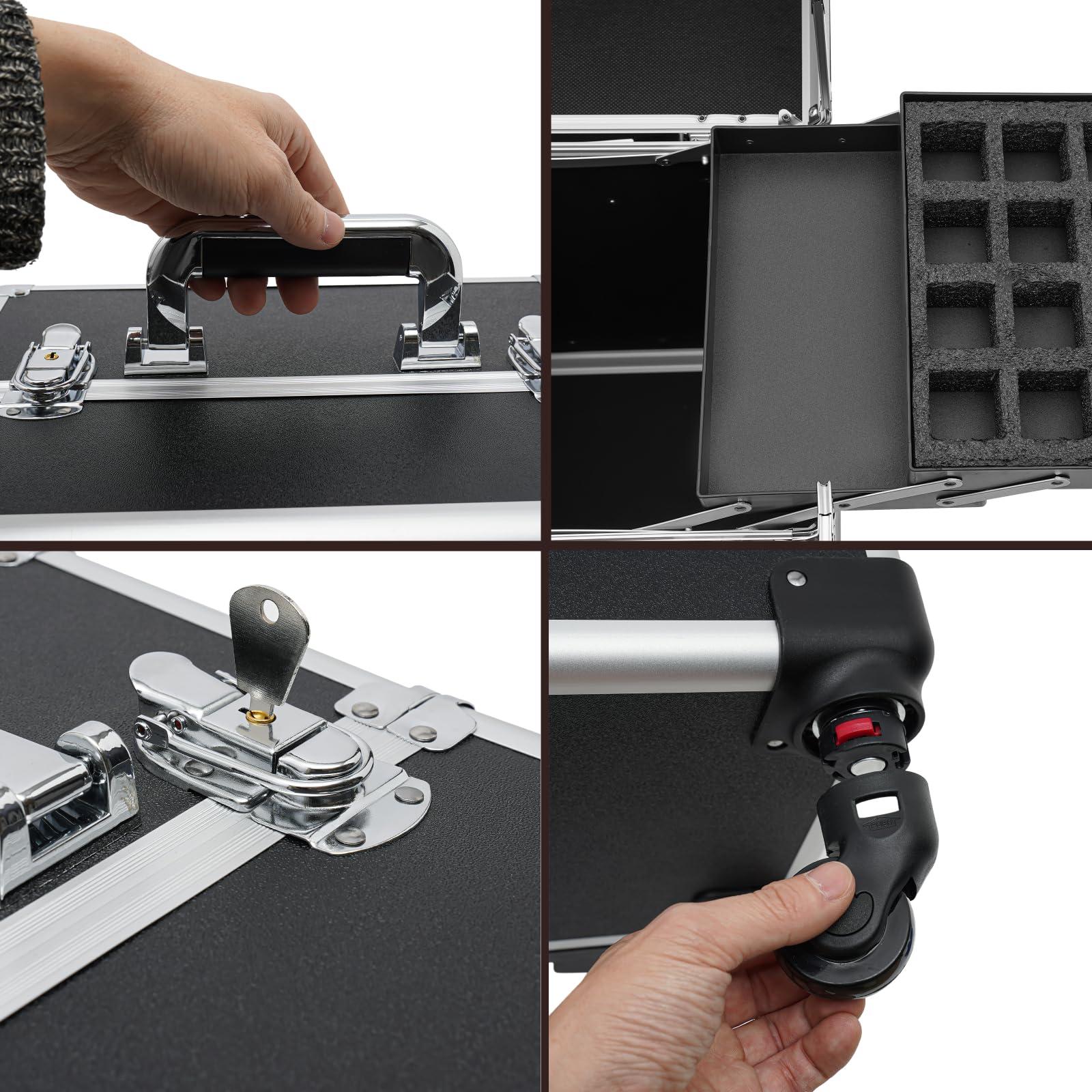 UIdili Multifunctional Rolling Makeup Train Case, Large Capacity Travel Trolley Case with Lock, Mobile Tool Organizer Storage Case with Universal Wheels, Load Capacity 110 lbs, for Hairdressing Nail Beauty