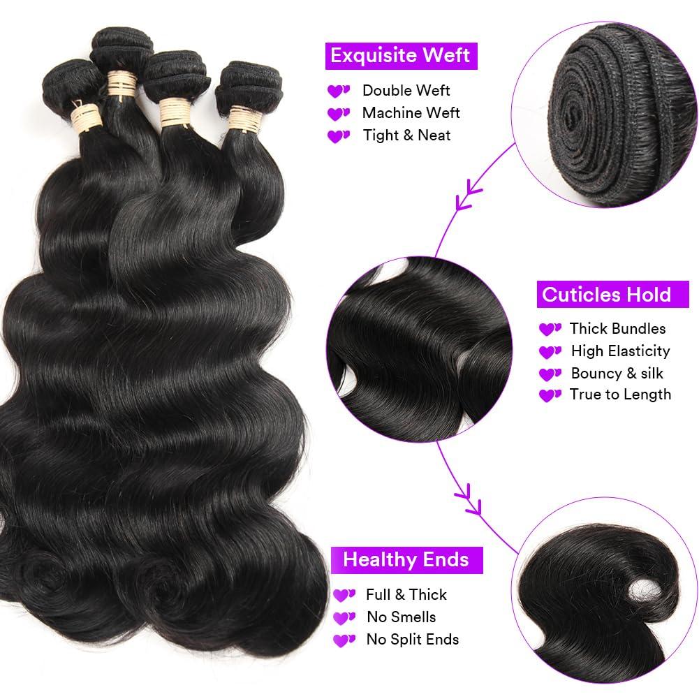 Yifute Human Hair Bundles Body Wave 4 Bundles (22 20 18 16 inches) 100% Brazilian Unprocessed Body Wavy Bundles Human Hair 10A Natural Black Weave Hair Extensions for Women