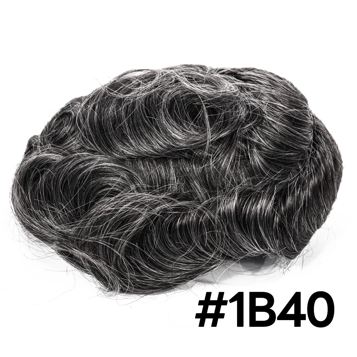 Blayzehair Men Toupee Hair System Ultra Thin Skin Hair Piece European Human Hair Replacement 0.02-0.10MM V-LOOP Toupee For Men. (1B40# Off Black with 40% Synthetic Grey, 8x10\"-0.02MM-0.04MM V-LOOP)