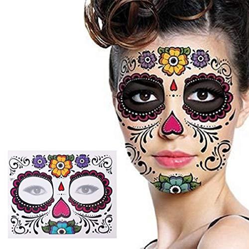 BPNHNA 4 Pack Day of The Dead Sugar Skull Face Temporary Tattoo Halloween Makeup Tattoo Stickers for Halloween Masquerade Party(Floral, Red Roses,Black and Floral Skeleton)