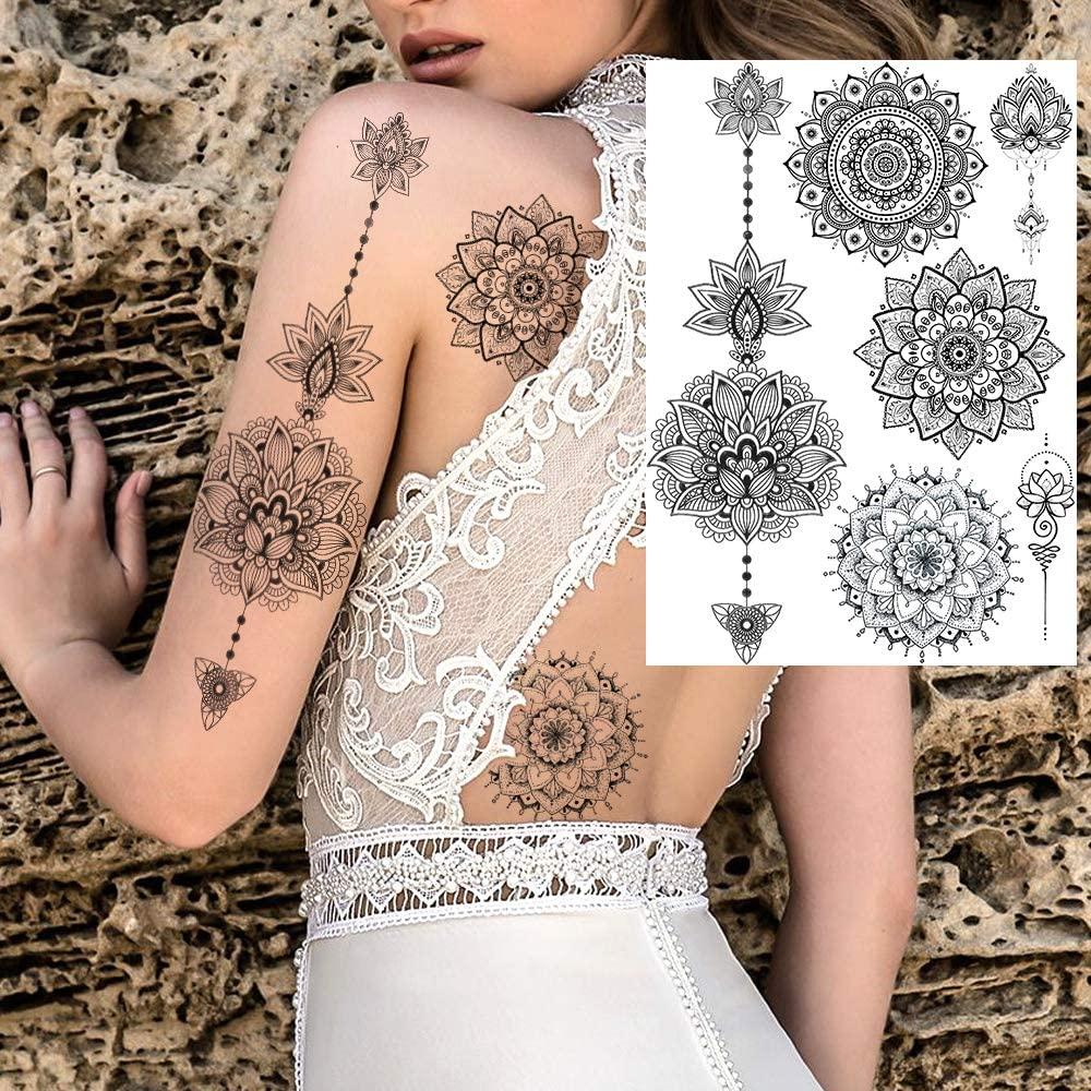 FANRUI 6 Sheets FANRUI Black Henna Temporary Tattoos For Women Lace Mehndi Mandala Flower Tatoos Ink Large Waterproof Lotus Fake Jewelry Pendant Butterfly Tattoo Stickers Kit Wedding Dreamcatcher Feather