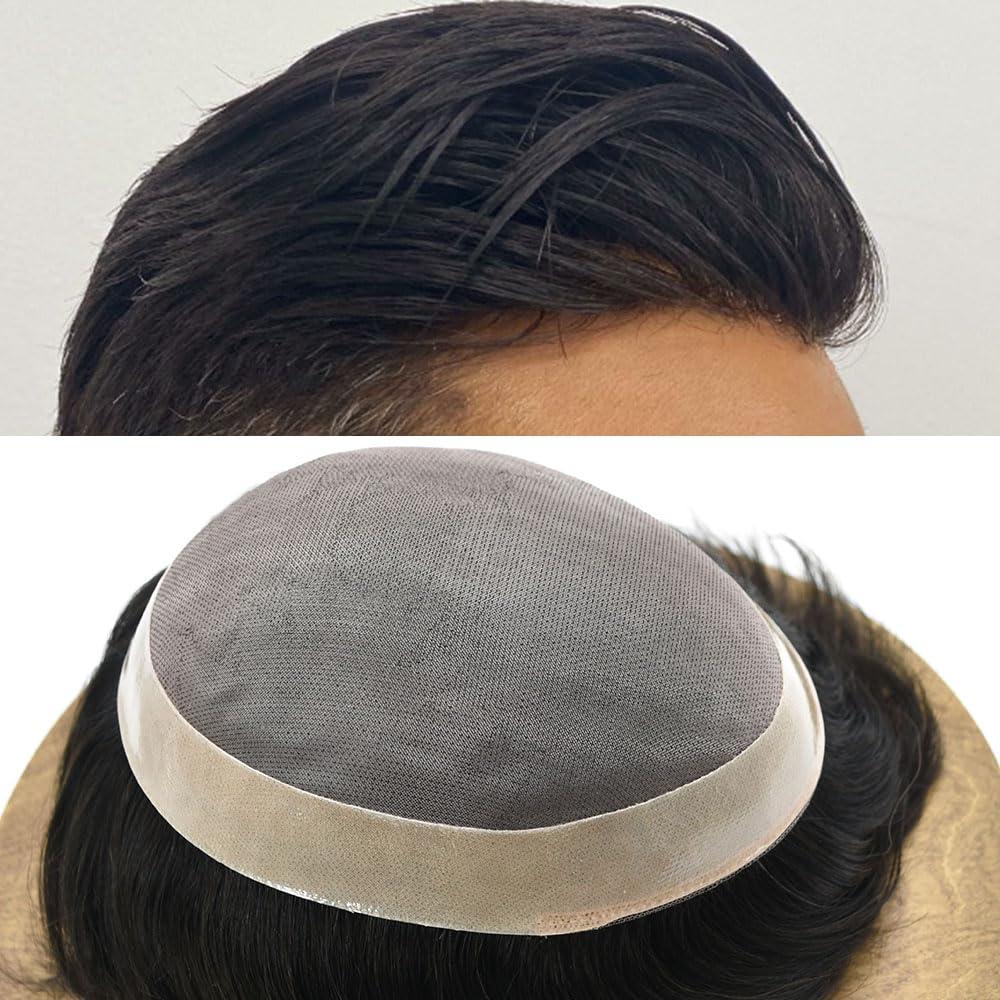 Generic Toupee For Men Fine Mono Lace Mens Toupee Men Hair Replacement Systems Human Hair Piece For Men Durable NPU Monofilament Hair Wig 6\"X8\"#1B20 Off Black+20% Gray