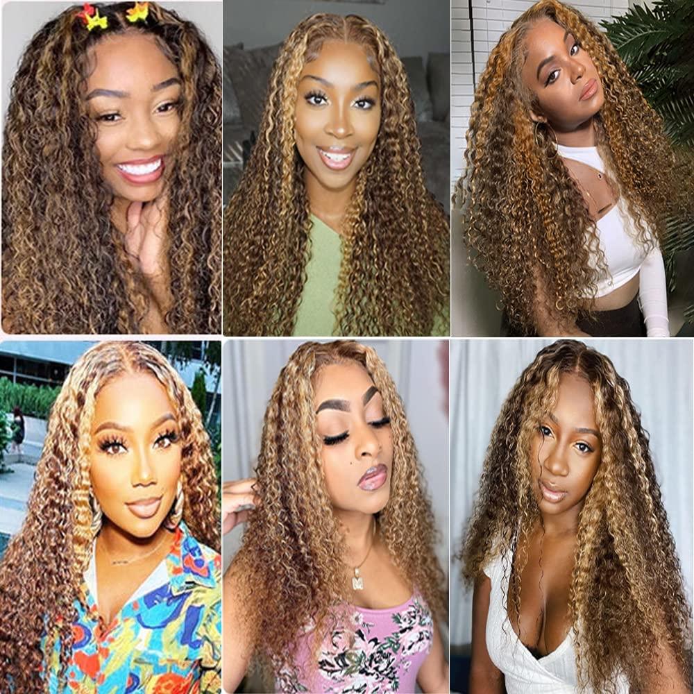 ZevPiul Ombre Curly Bundle Highlight Human Hair Bundles 8A Brazilian Virgin Highlight Curly Human Hair 3 Bundles 12 14 16 Inch Double Weft P4/27 Bundle Honey Blonde Curly Bundles Human Hair Extensions