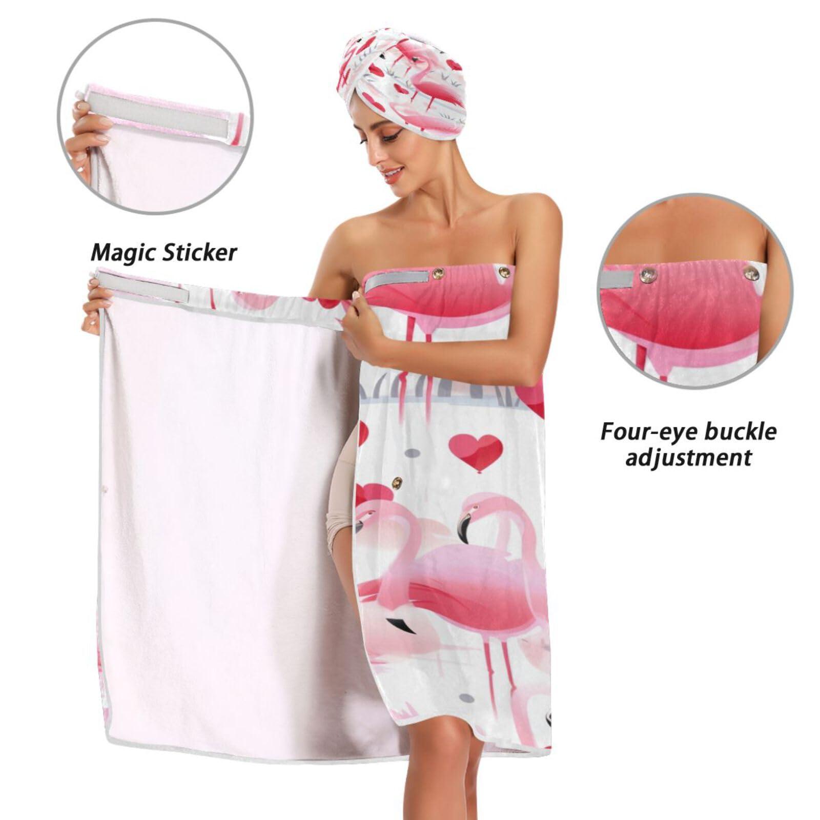 Bulletgxll Bulletgxll Flamingos and Hearts Women's Shower Wrap Towel Set of 3 Adjustable Spa Body Wrap Super Absorbent Bathrobe with Hair Towel & Headband