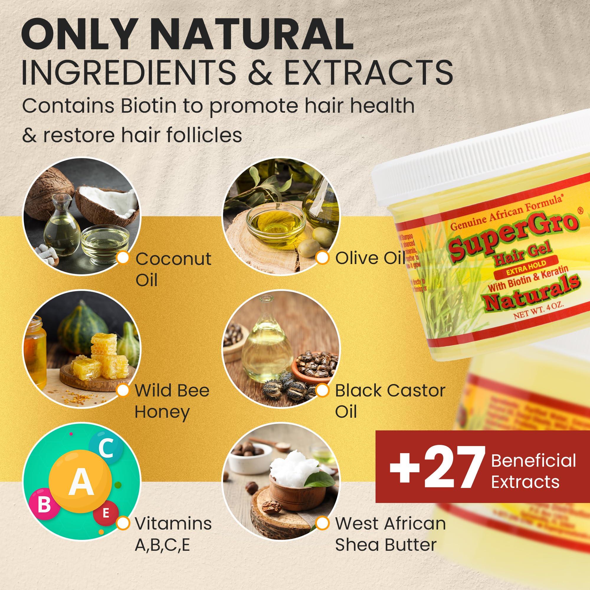 African Formulas SuperGro Hair Gel with Extra Hold - For Breading, Locking, Twisting, Retwisting, Styling - Natural Hair Gel for Nourishing, Shining for Silky, Wavy, Curly, Coily, Frizzy Hair - Hair Care Gel 4 oz