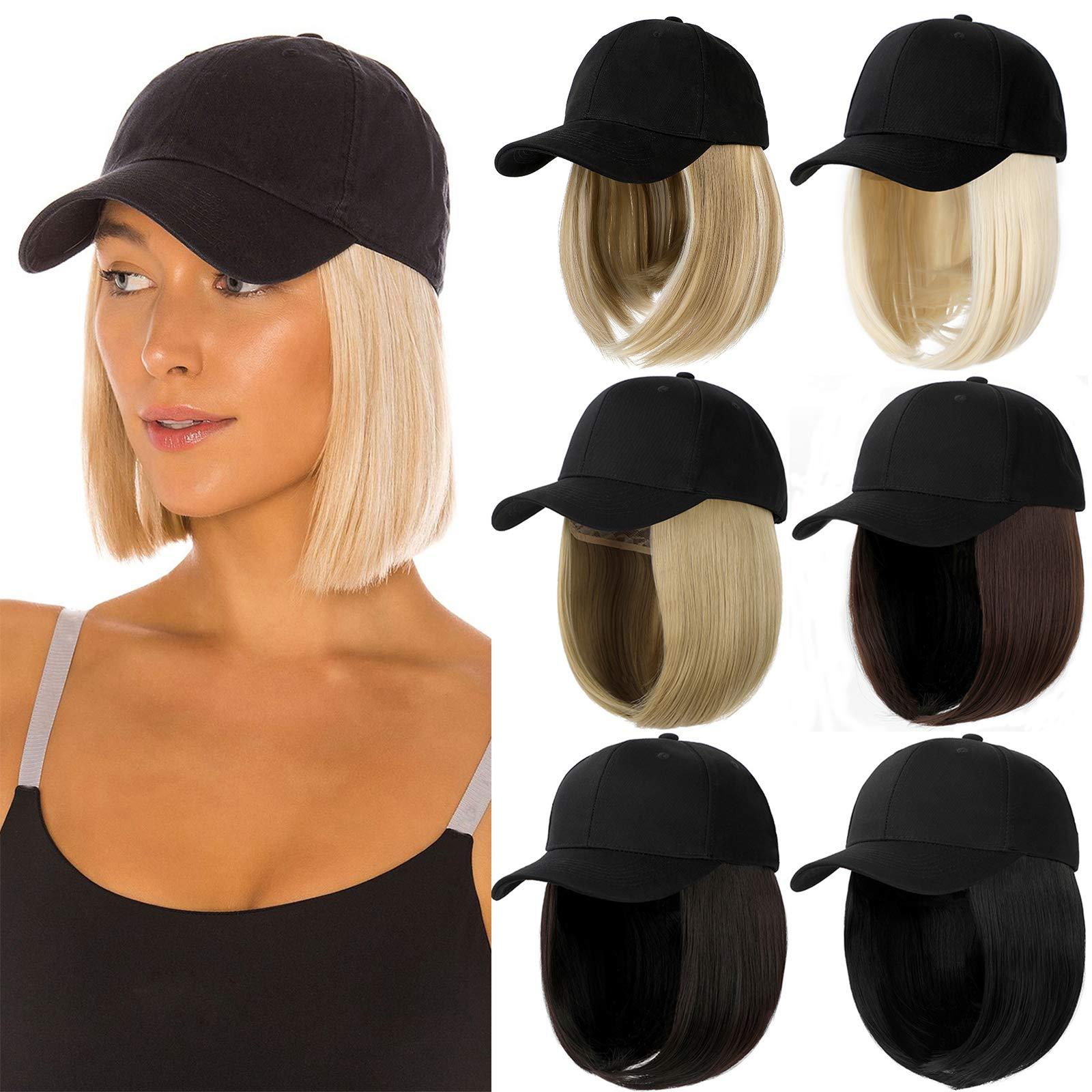 Qlenkay Qlenkay Baseball Cap with Hair Extensions Straight Short Bob Hairstyle Adjustable Removable Wig Hat 14inch for Woman Girl Ginger Brown Mix Bleach Blonde