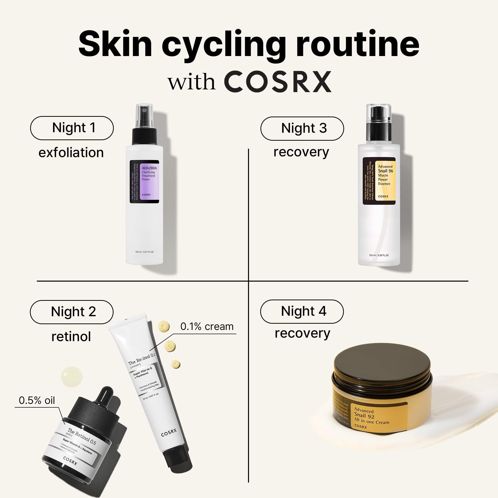 COSRX COSRX Skin Cycling Routine - Snail Mucin 96% Essence + Retinol 0.1 Cream, Recovery Set for Face and Neck, Fine Lines Spot Treatment, Repair Cream for Face