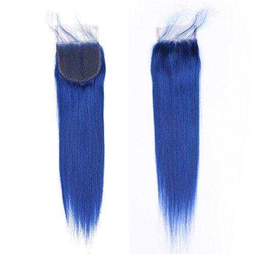 Generic Silky Straight Blue Color Human Hair Weaves With Lace Closure With Baby Hair Unprocessed Free Middle Closure Pieces With Blue 3Bundles Extensions (14 16 18+12 inch closure)