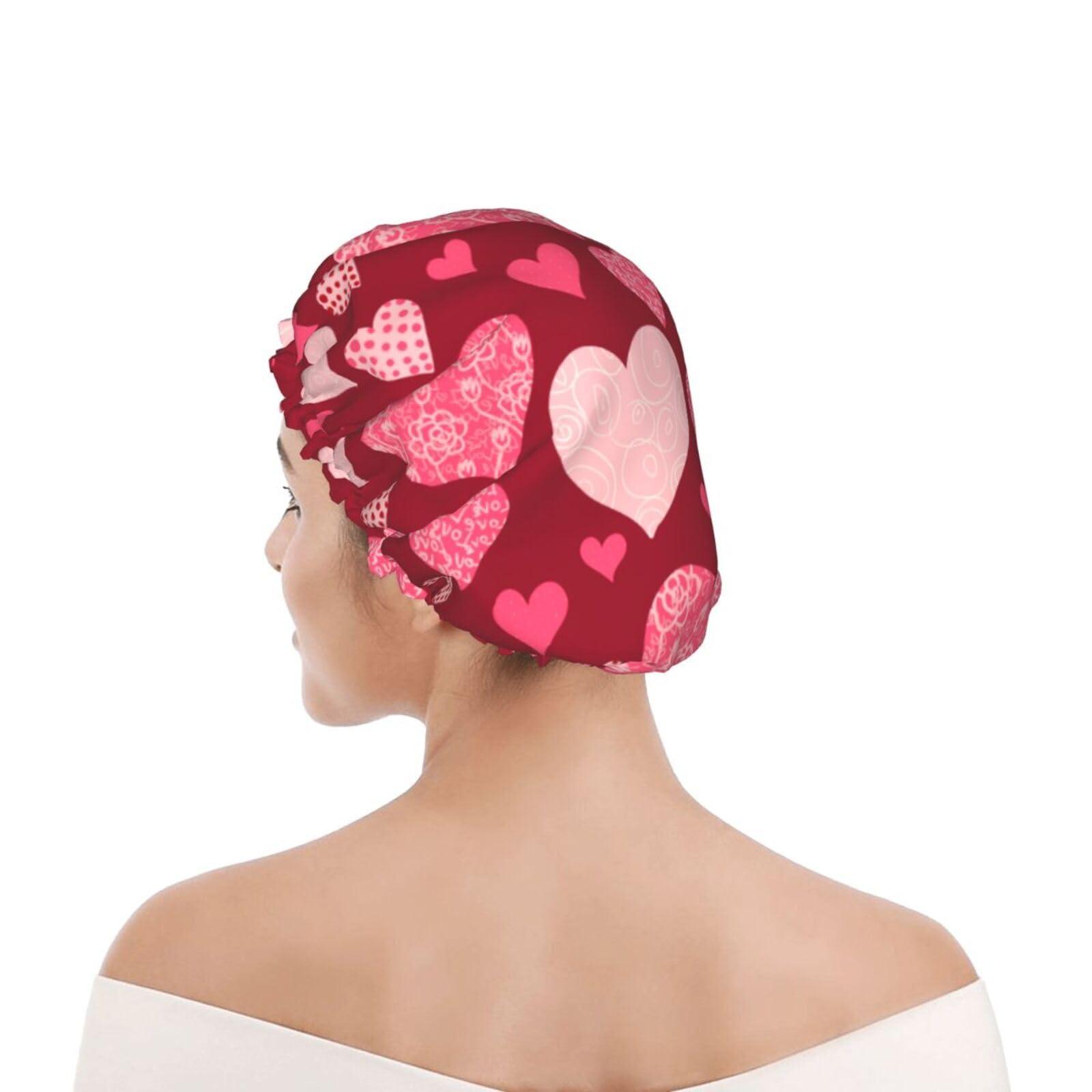 YIPOCH Pink Floral Plaid Hearts Large Shower Cap for Women Men Shower Caps for Women Reusable Waterproof Hair Cap Double Layers Showercap With PEVA Lined & Elastic Band Fashion Shower Bonnet