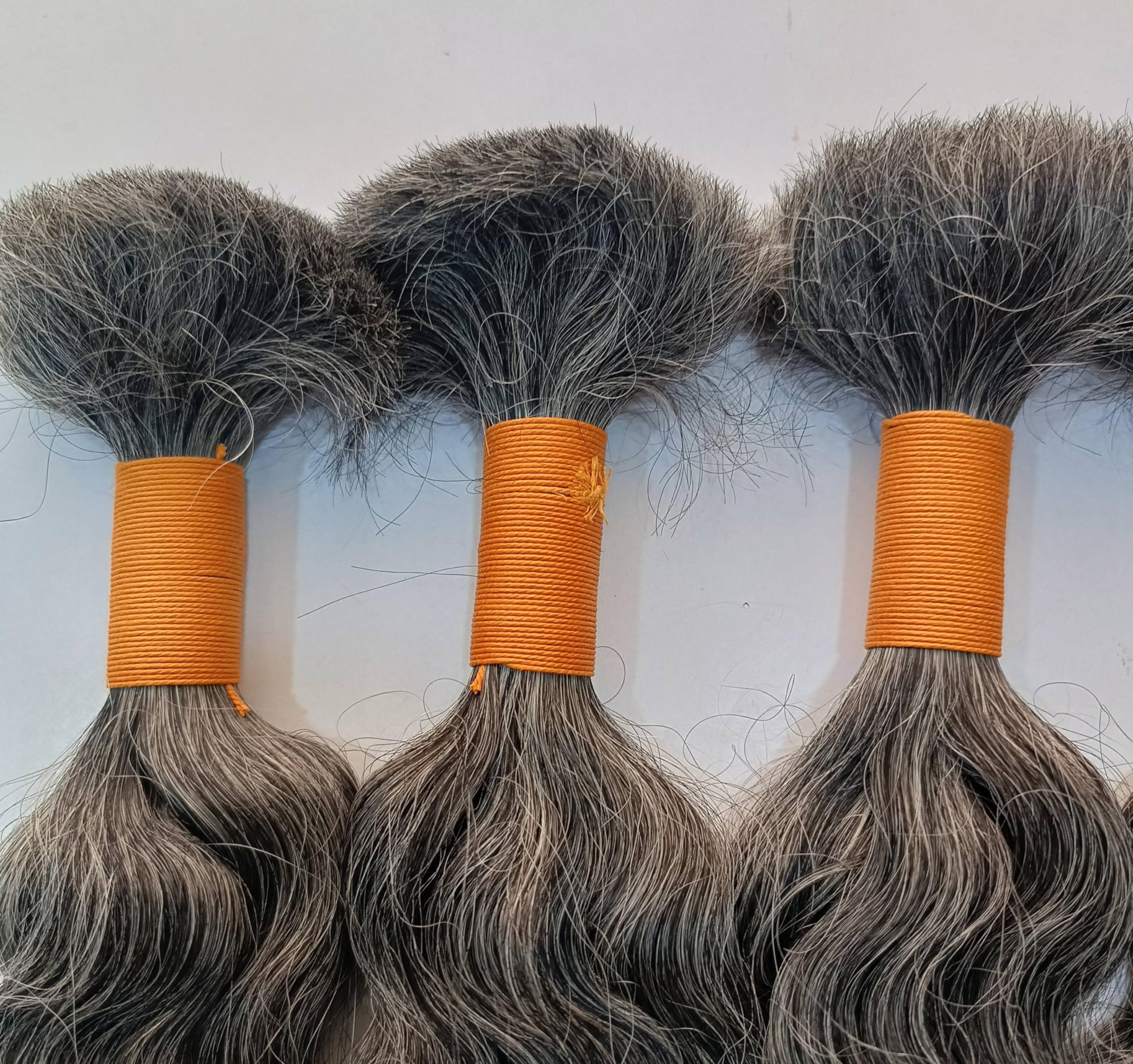 Hat Hair Extensions 100% Natural Raw Unprocessed Hair Extensions (Grey), Indian Grey Braiding Wavy Human Grey Hair Extensions salt and pepper. non-sewn bulk/braid grey salt and pepper human hair. (14 Inches)