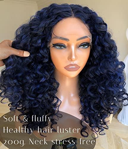 BlackSwern BlackSwern Blue Wigs, Curly Lace Front Wigs Pre Plucked, HD Glueless Lace Curly Wig for Black Women, Big Curly Wig Blue Color