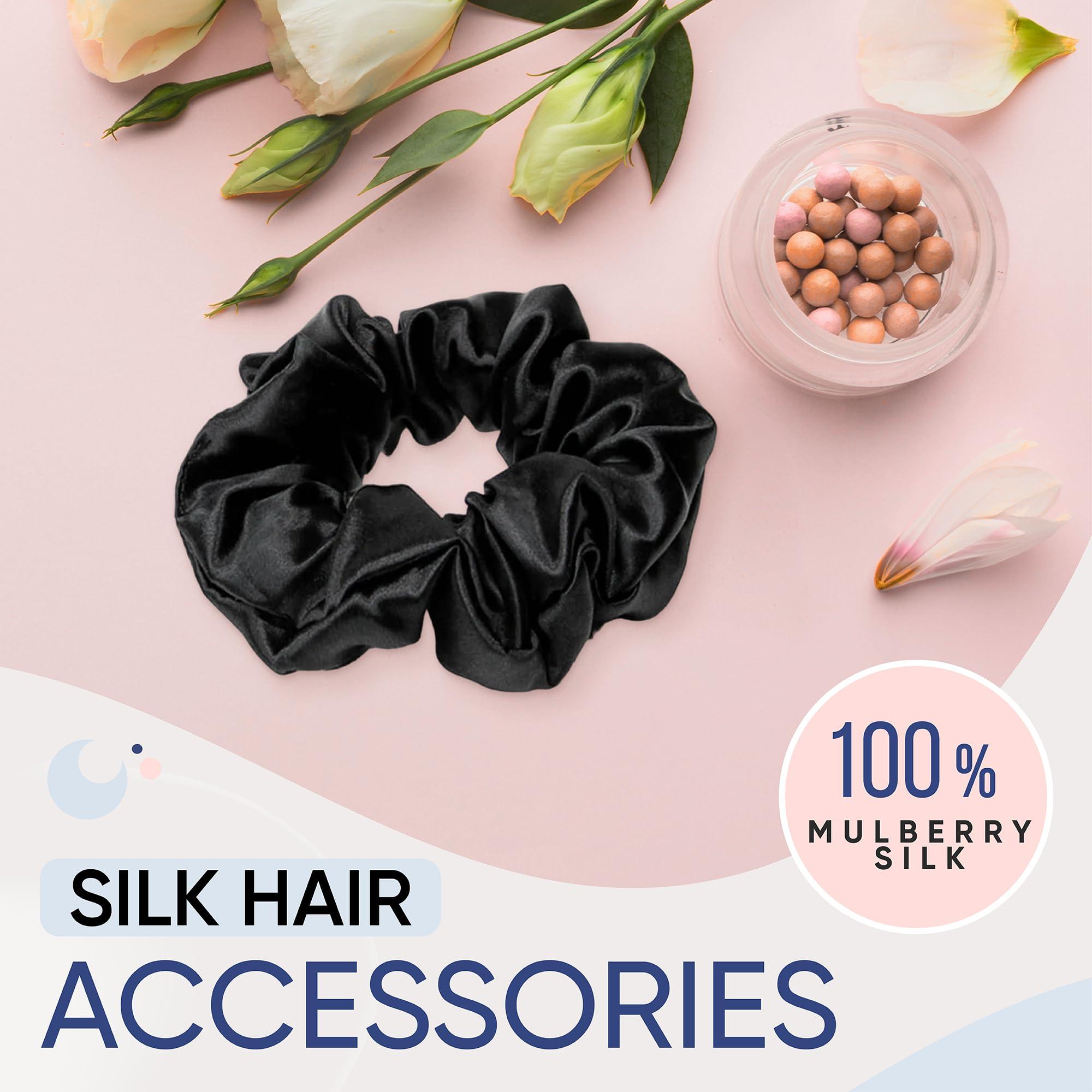 BLISSY Blissy Silk Scrunchies (3 Pack) - 100% Pure Mulberry Silk - 22 Momme 6A High-Grade Fibers - Silk Scrunchie for Straight & Curly Hair (Black/Gold/Pink, Regular)