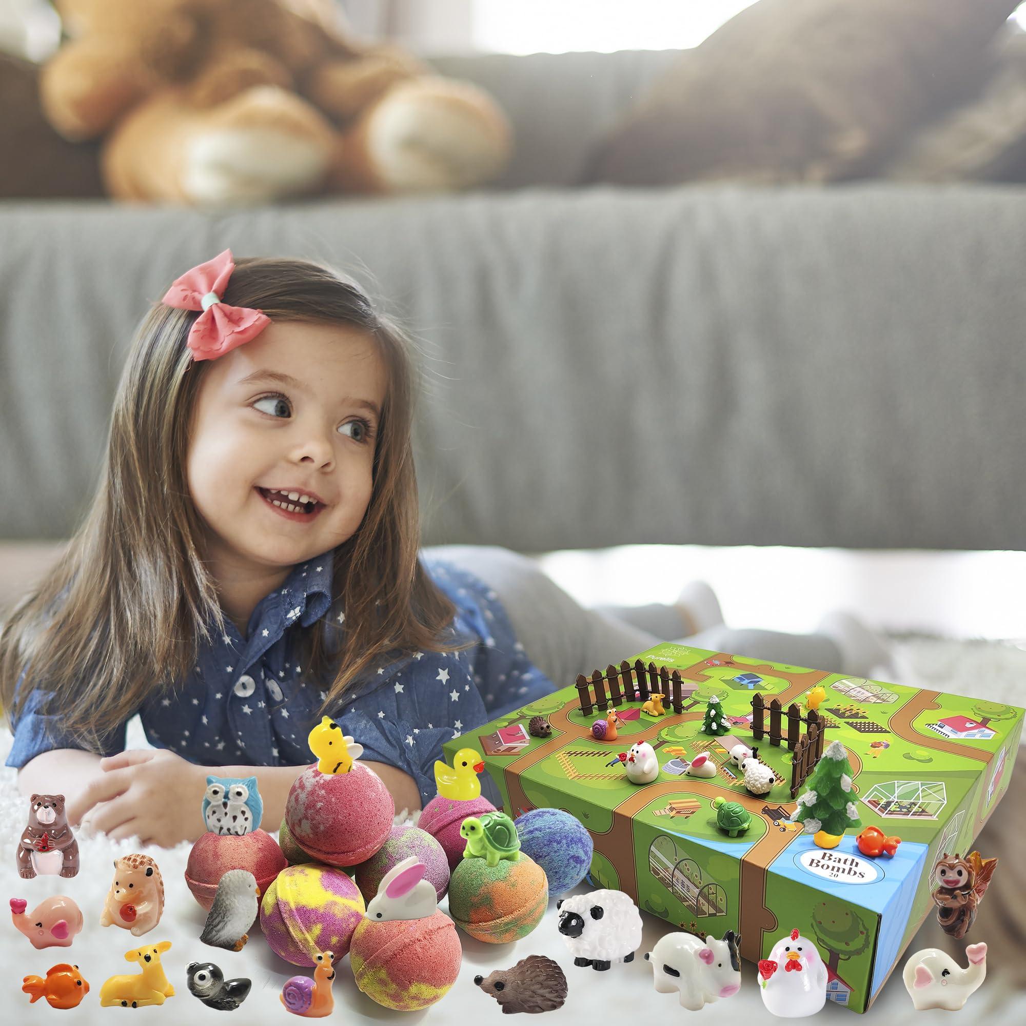 Joanne Arden Organics Kids Bath Bombs Gift Set. 20 Natural Bath Bombs with Toys Inside & Farm Playmat. Animal Bath Bombs for Boys and Girls with Prize Inside