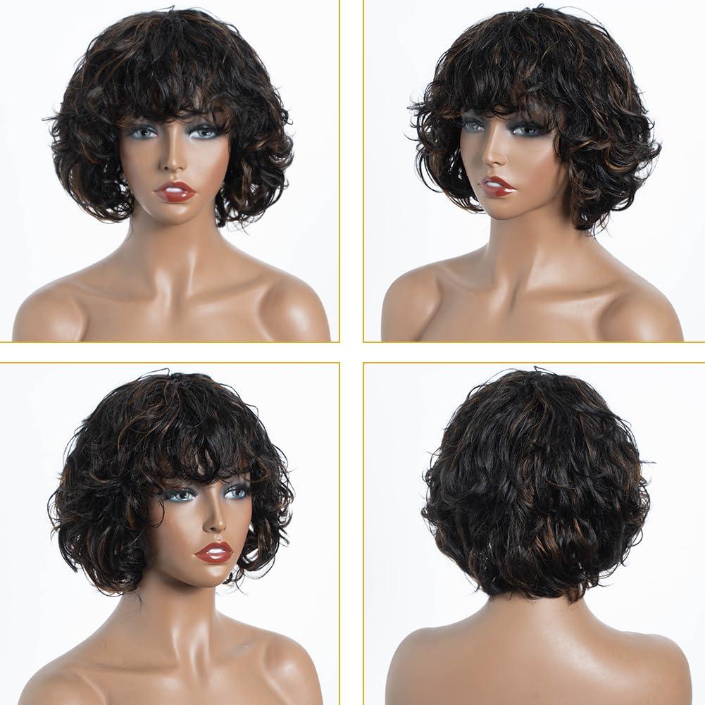 JOEDIR HAIR JOEDIR HAIR Short Curly Wave Bob Wig with Bangs Pixie Cut Human Hair for Women Short Curly Bangs Wigs Curly Bob Glueless Wig 150% Density (Black mixed Brown)