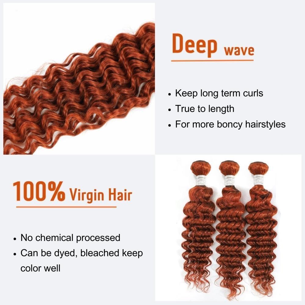 AUROO AUROO Ginger Bundles Human Hair 14 16 18 20 inch, Burnt Orange Deep Wave Human Hair Bundles Curly Ginger Hair 100% Virgin Remy Brazilian Weave Soft Thick 350 Ginger Wavy Bundles Human Hair Sew In