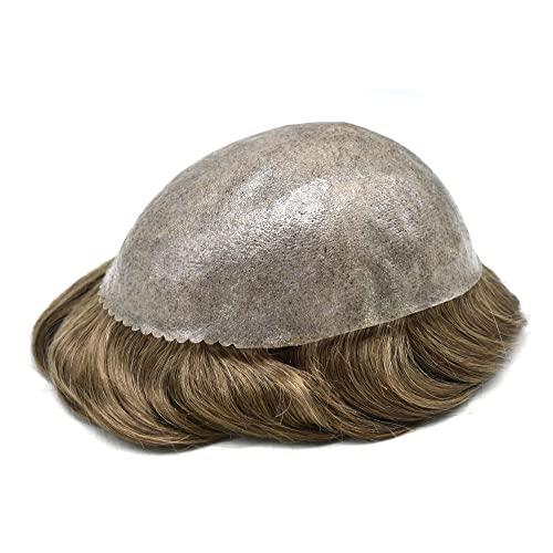 Generic Toupee For Men Hair Piece Real Human Hair Replacement System Full Poly Skin Mens Toupee Hairpieces Men Hair Prosthesis Units Protesis Capilar8X10Medium light density#1840 18# MEDIUM BLONDE+40% GREY