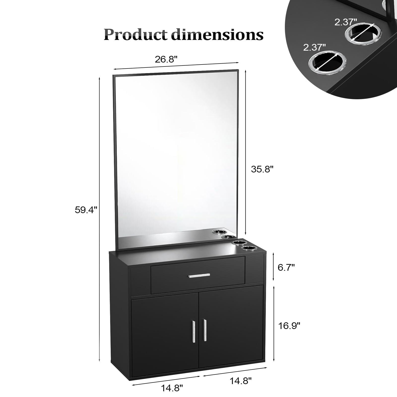 OmySalon OmySalon Wall Mount Salon Station with Mirror, Hair Styling Barber Station, Beauty Salon Spa Equipment with 1 Drawer, 1 Storage Cabinet, 2 Hair Dryer Holders, Black
