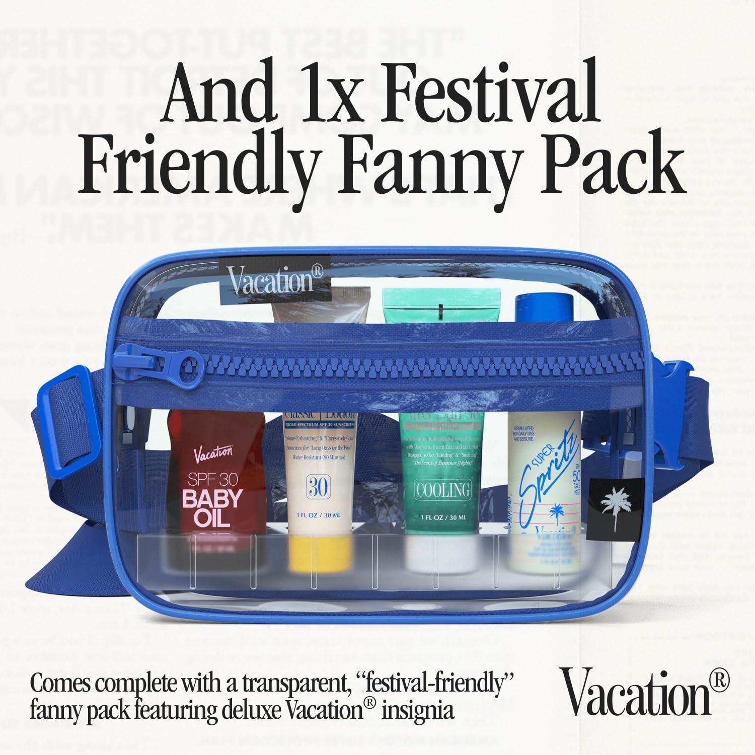 VACATION Vacation Sun Belt Sampler, Includes Baby Oil SPF 30 (1 Fl. Oz.), Super Spritz SPF 50 Face Mist (1 Fl. Oz.), Classic Lotion SPF 30 (1 Fl. Oz.), After Sun Gel (1 Fl. Oz.),Festival Friendly Fanny Pack