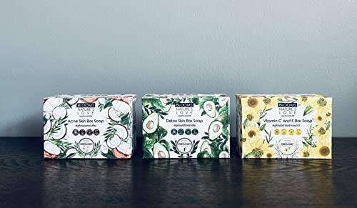 RUBIA INDUSTRIES COMPANY LIMITED Bloom Nature's Love 100% Organic Natural Bar Soap for Women & Men, 3 Bar Variety Pack, Vitamin C and E (Sunflower Oil), Acne Skin (Coconut Oil), and Detox Skin (Avocado Oil)