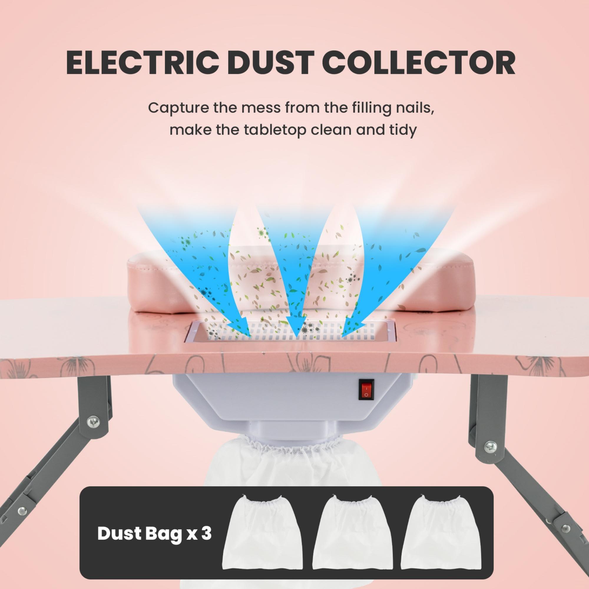 CHEFJOY CHEFJOY Portable Manicure Table, Foldable Nail Desk w/Electric Residue Collector, Bendable LED Lamp, Removable Armrest Pad, Lockable Wheels, Foldable Nail Table w/Carry Bag for Home, Salon, Pink