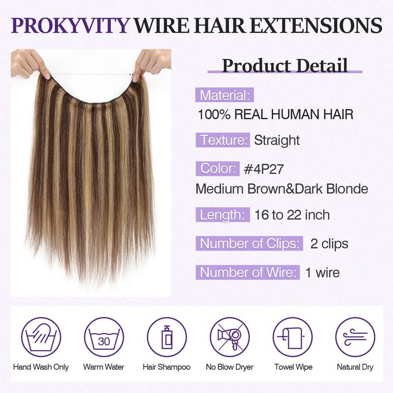 prokyvity Halo Hair Extensions Real Human Hair,Prokyvity Halo Hair Extension 100% Human Hair,Halo Extensions Real Human Hair,Human Hair Halo Extensions,4P27 Medium Brown Mixed Dark Blonde 20inch