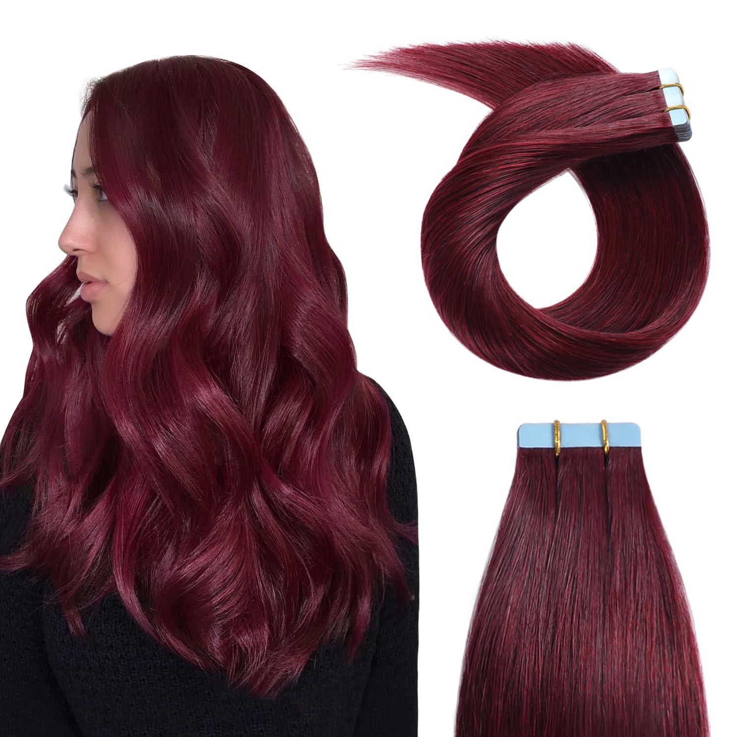YILITE YILITE Burgundy Tape in Hair Extensions Human Hair,24inch 50g 20Pcs Red Tape in Hair Extensions Remy Human Hair,Seamless Skin Weft 99J Tape ins(24inch 99J)