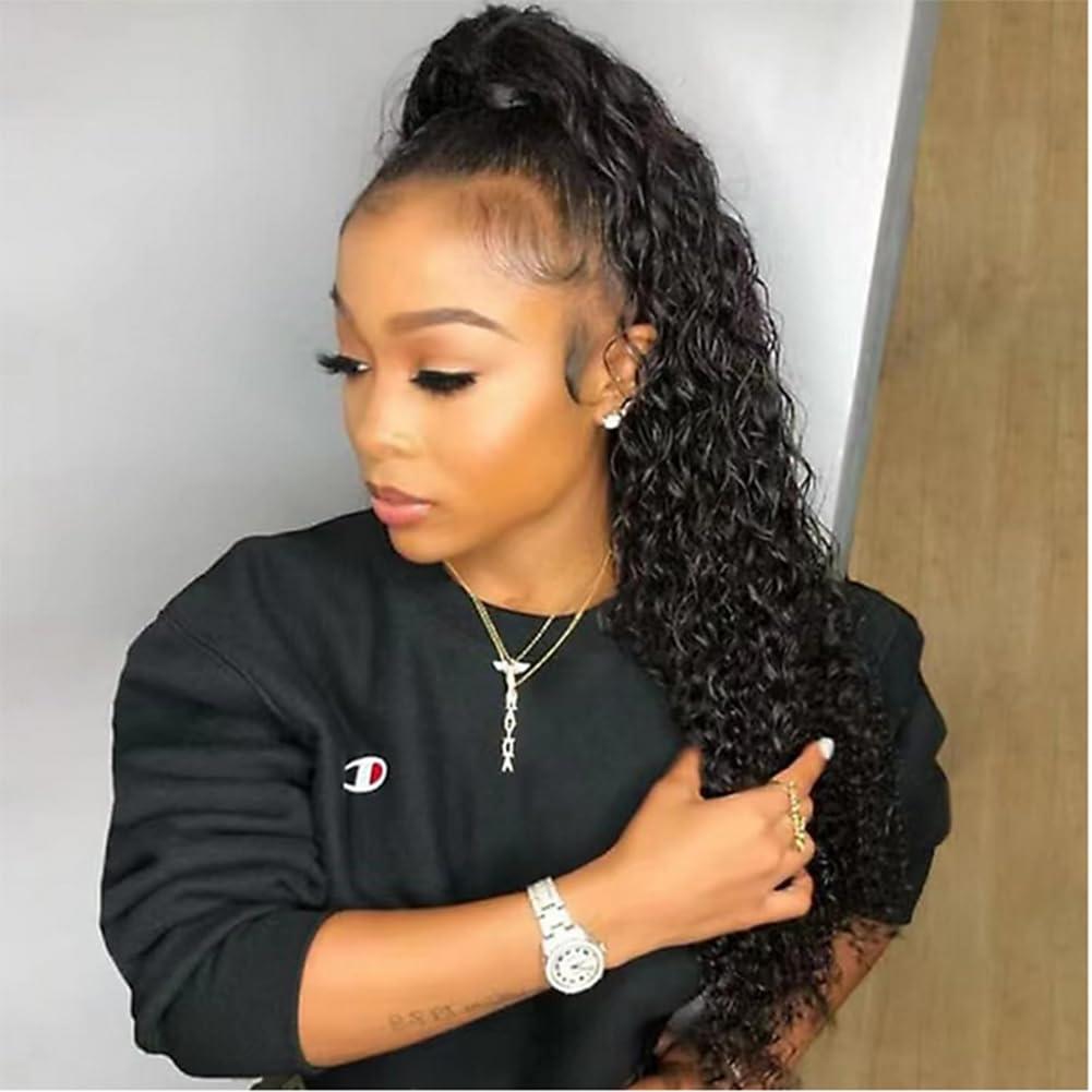 Kiss darling LASHES Drawstring Ponytail Extension Human Hair Water Wave Ponytail with Magic Paste Warp Around Wet & Wavy Curly Remy Hair Ponytail for Women 14inch 100g Natural Black