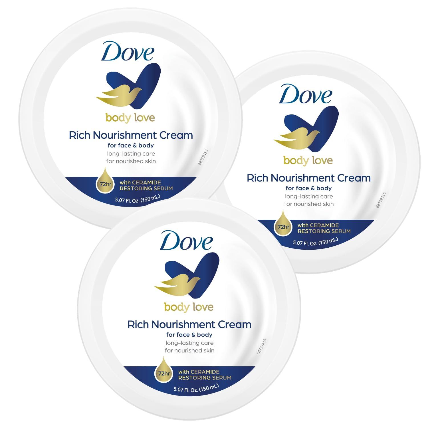 Dove Dove Nourishing Body Care, Face, Hand, and Body Rich Nourishment Cream for Extra Dry Skin with 48-Hour Moisturization, 3-Pack, 5.07 Oz Each Jar