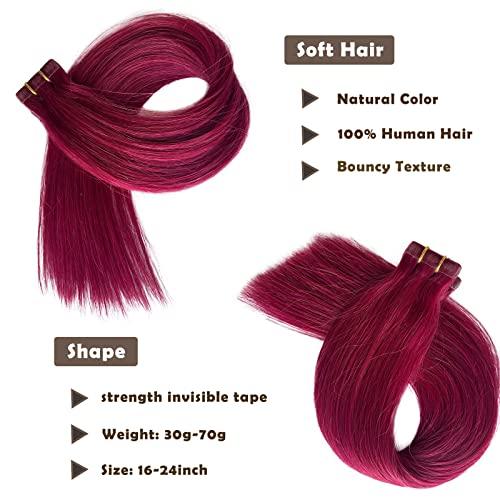 Munx Burgundy Tape in Hair Extension 24inch 20pcs 70g Wine Red 100% Real Human Hair Tape in Hair Extensions for Women