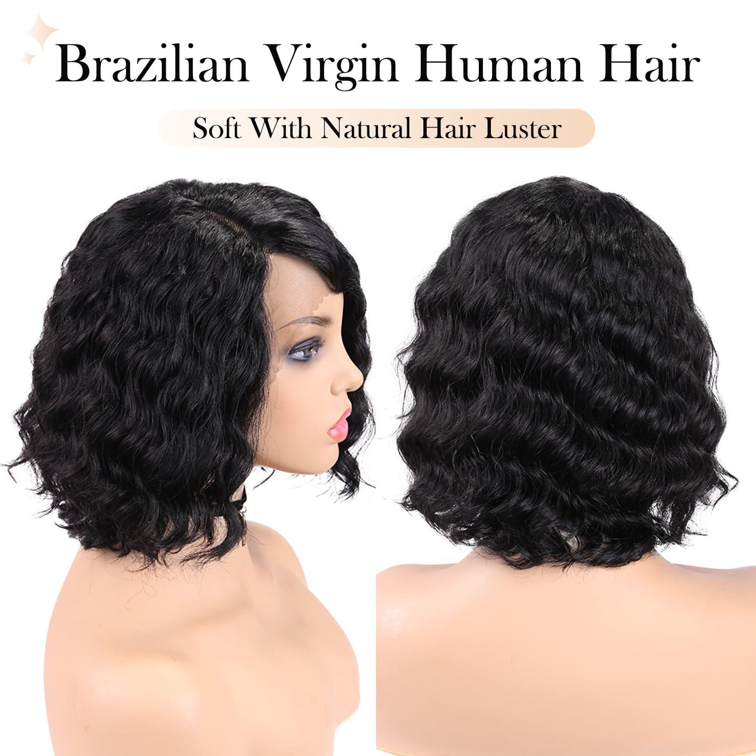 WIGER WIGER Short Curly Lace Frontal Human Hair Wigs for Black Women Black HD Lace Curly Bob Lace Front Hair Transparent Lace Glueless Human Hair Wigs Water Wave Closure Wigs (12 Inches)