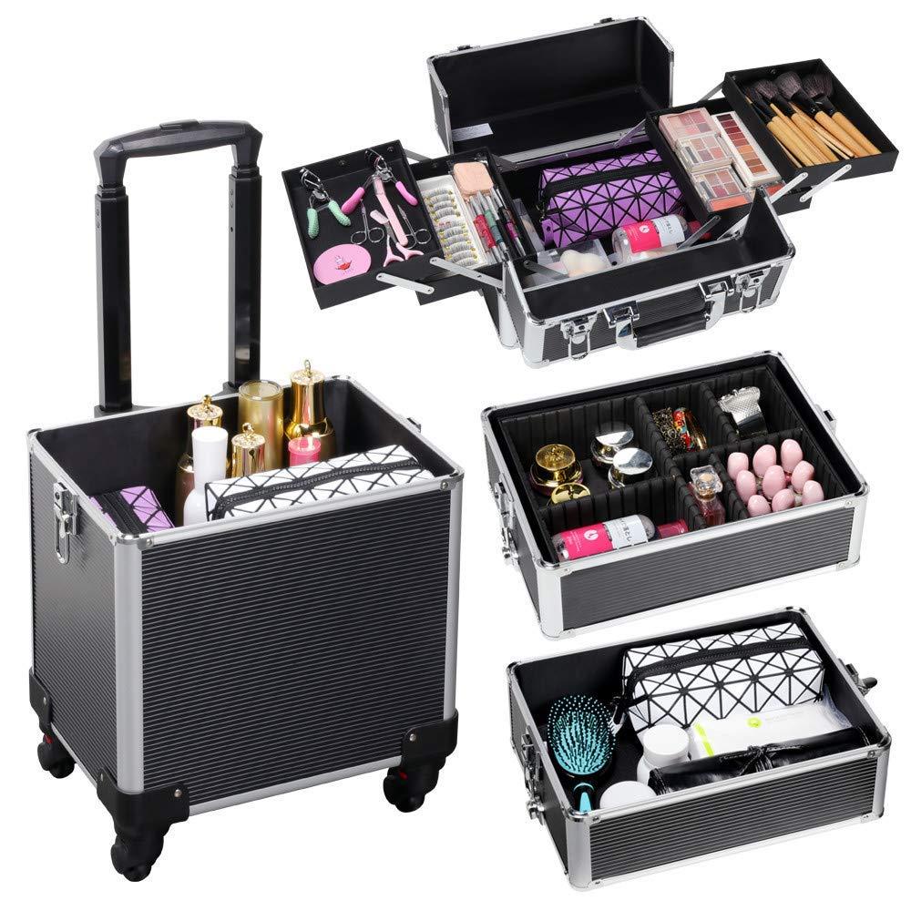 costoffs Costoffs Extra Large Makeup Trolley Cosmetic Case Organiser Beauty Trolley on Wheels Vanity Case with Adjustable Dividers (Black, 4 in 1)
