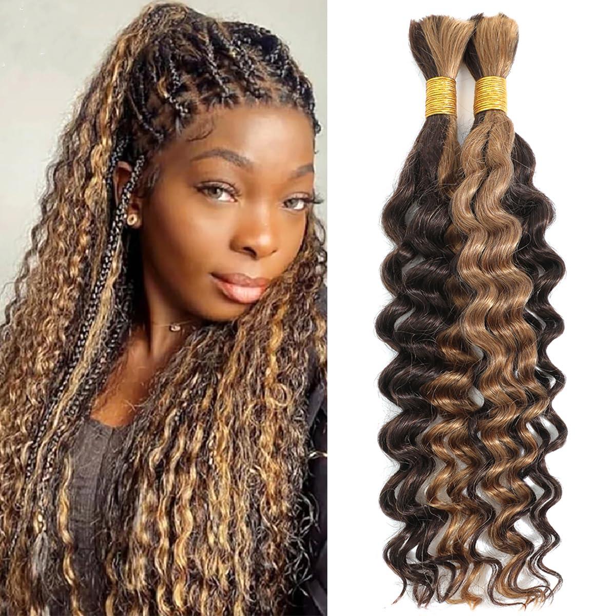 PECWU Deep Wave Bulk Human Hair for Braiding 100 Percent Human Braiding Hair for Boho Braids Unprocessed Virgin Hair Highlight 4/27 Wet and Wavy Braiding Hair No Weft Boho Knotless Braid 1bundle/50g (18\")