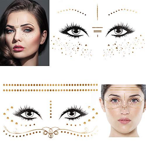 Konsait Konsait 8 Sheets Face Tattoo Sticker Metallic Temporary Transfer Tattoo Waterproof Face Jewels for Women Girls Make Up Dancer Costume Parties, Shimmer Glitter Gold Tattoos,Butterfly Star Freckle Scale