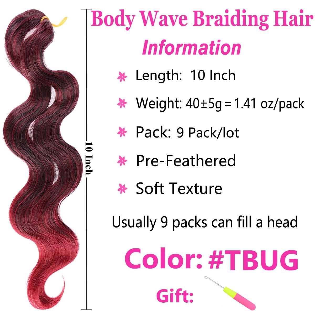 COOKOO COOKOO 10 Inch Body Wave Braiding Hair 9 Packs Ombre Pre-Feathered Premium Bouncy Braids Hair French Curl Wavy Crochet Braids Ocean Deap Twist Synthetic Hair Extensions(TBUG#)