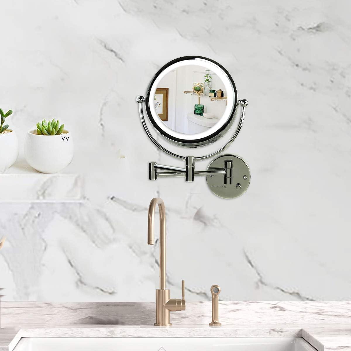 OVENTE OVENTE 9\" Lighted Wall Mount Makeup Mirror with 1X/7X Magnification, Double Sided Magnifying Vanity Mirror, LED Glow Light, 360 Swivel Design, Extendable & Folding Arm, Polished Chrome MPWD3185CH1X7X