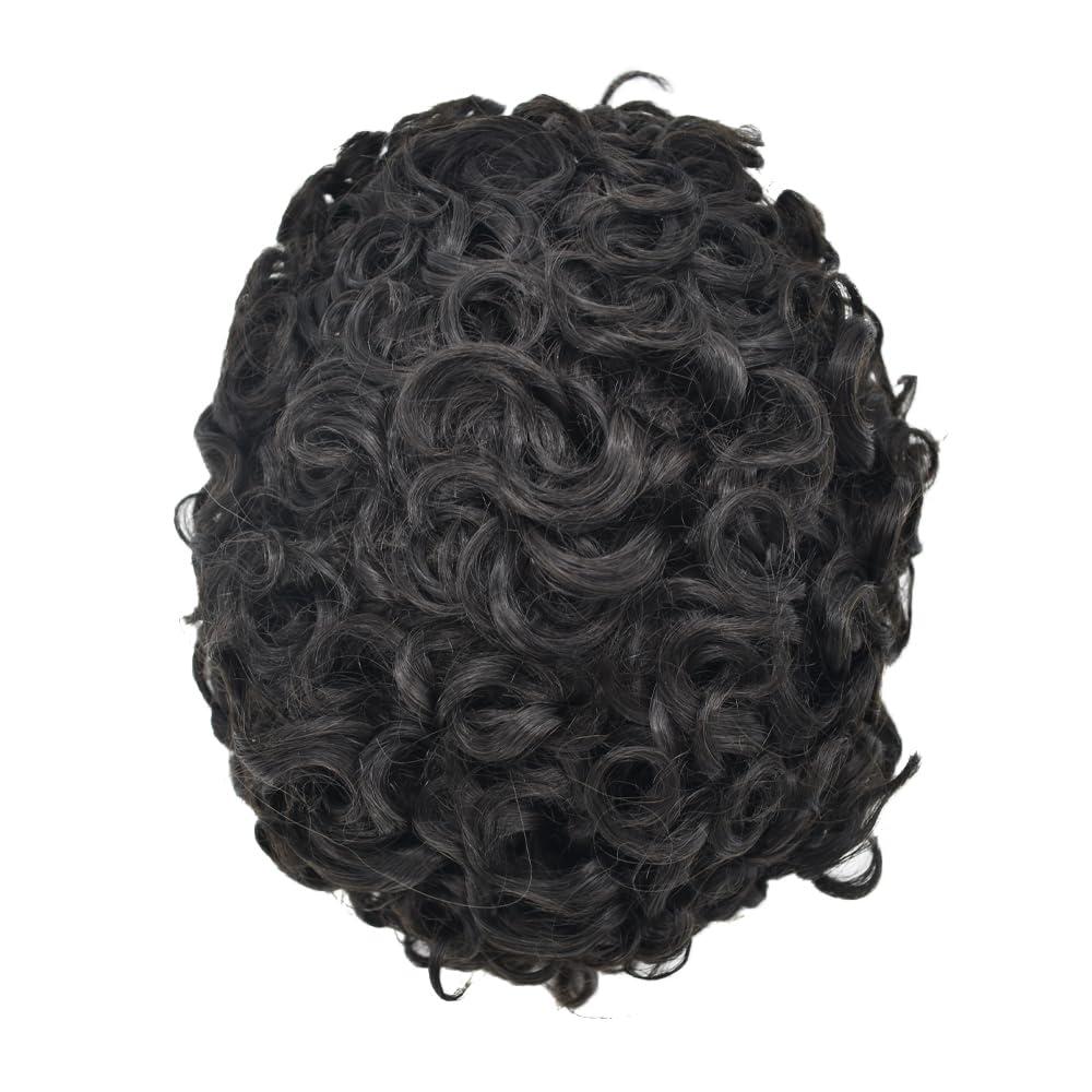 Curve Hair Men Weave Hair Unit Afro Curl Toupee for Black Men 100% Human Hair Loose Curly Mens Hair System Replacement Afro 360 Waves Curly Man Unit (8\'\'X10\'\', 1B Off Black 25mm Curl)