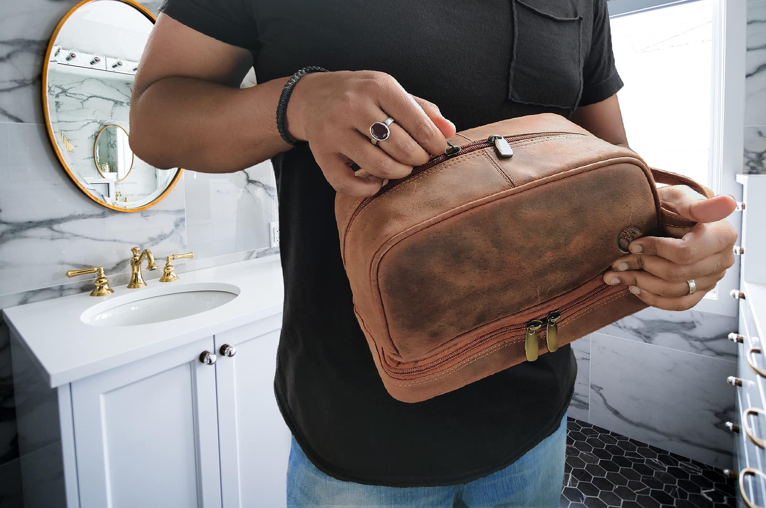 RUSTIC TOWN RUSTIC TOWN Handcrafted Premium Leather Toiletry Bag Combo - The Best Masculine Travel Gifts For Men and Women