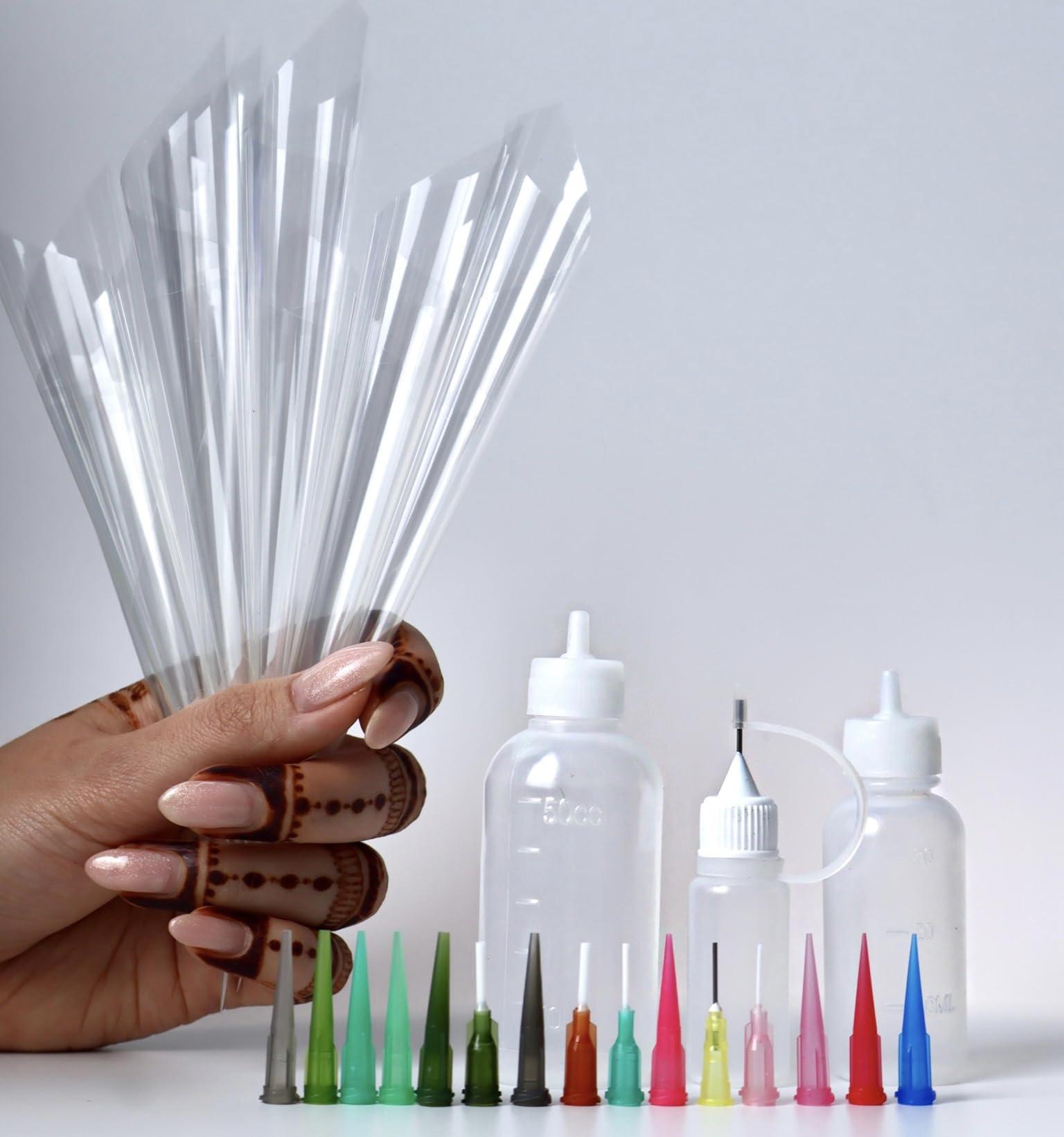 BEAUTYMEHNDI STORE Jagua Henna Bottles Cones Set for Temporary Tattoo (35 pcs In Set - 20 cones, 3 bottles, 12 pins) | Applicator Kit Empty Cones Caps Needle Tips for Beginners Mehendi