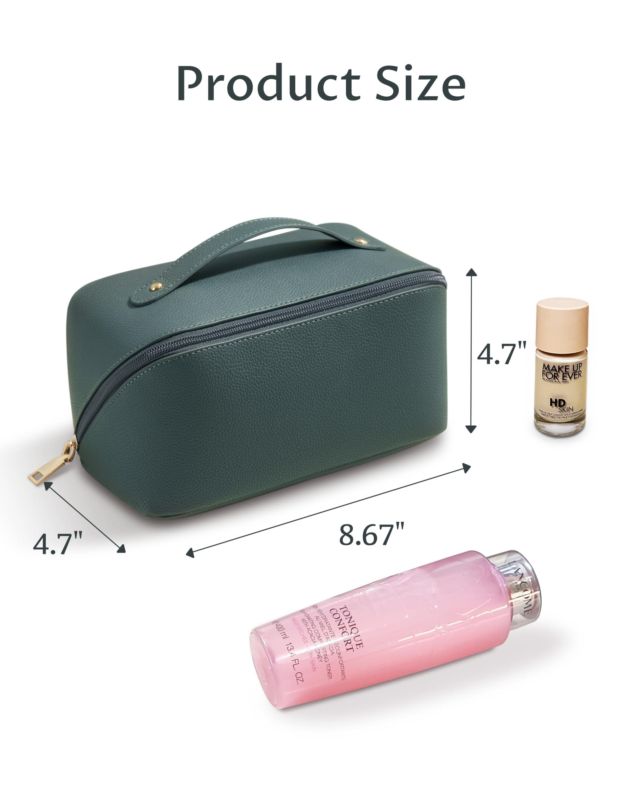 Yarnic Yarnic Green Travel Makeup Bag Pouch Cosmetic Bag, Large Capacity Toiletry Bag for Women, Portable Pouch Cute Make Up Organizer with Divider and Handle, PU Leather (Gray Green)